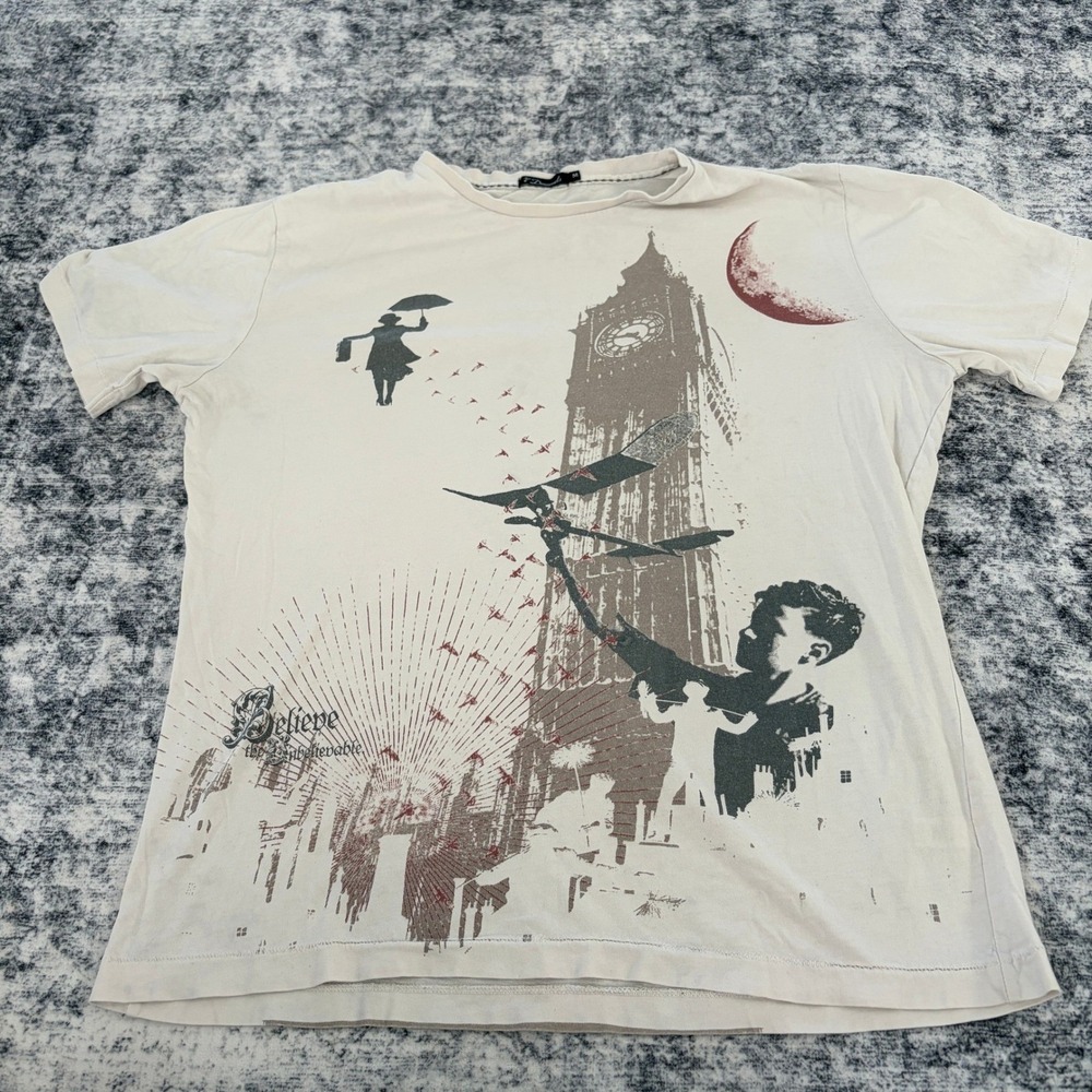 VTG 7 Diamonds Believe the Unbelievable Mary Poppins Shirt Mens Medium Cream Y2K
